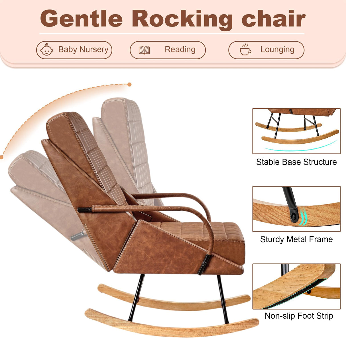 VECELO Rocking Chair Nursery, Over Size Leather Glider Rocker with High Backrest, Upholstered Removable Back, Brown VECELO