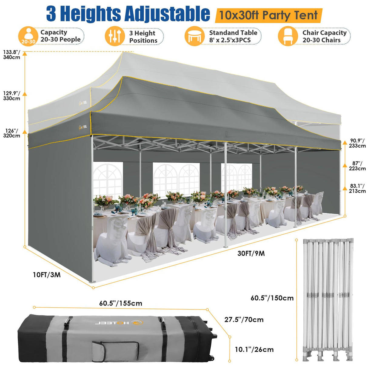 HOTEEL 10x30 Pop up Canopy Tent for Parties, Heavy Duty Easy Setup Tent with 5 Sidewalls, Outdoor Commercial Instant Gazebo for Wedding Event, with Roller Bag & Sand Bags, Grey(Hexagonal Frame) Hoteel