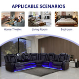 Anthato Black Leather Power Recliner Sectional Sofa Set with LED Lights, Modern L-Shaped Reclining Sofa, Reclining Corner Couch with Cup Holders/Storage/Charging Ports for Living Room/Home Theater Anthato
