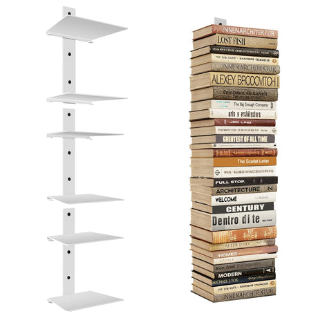 Professional Invisible Floating Book Shelves for Wall, 6 Tier Vertical Spine Book Tower Hanging Bookshelves, Wall Mounted & Space Saving, Heavy Duty Metal Book Organizer for Home Office, 3 Pack White Ninwod