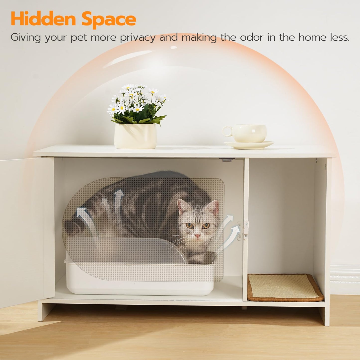 HOOBRO Cat Litter Box Enclosure with Rattan Door, Hidden Litter Box Furniture, Large Litter Box Enclosure with Adhesive Cat Scratching Mat, Coffee Table, 31.4" L x 17.7" W x 18.1" H, White WY18MW01