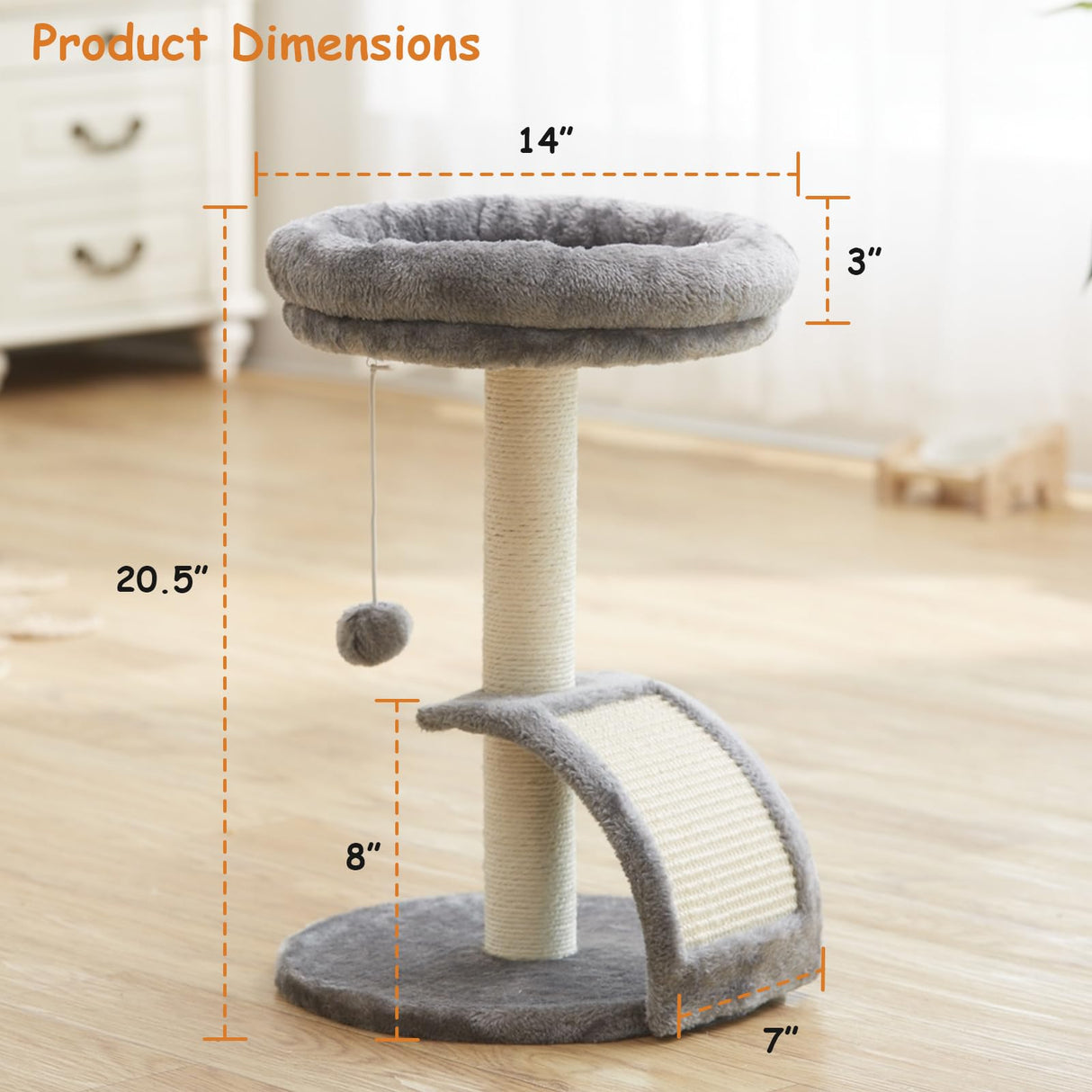 Goozii Small Cat Tree Tower with Scratching Post, Modern Kitten Tower for Indoor Cats, Short Carpet Sisal Cat Scratcher Stand with Large Bed Perch, Scratch Ramp, Toy Ball for Kitty Play (Grey) Goozii