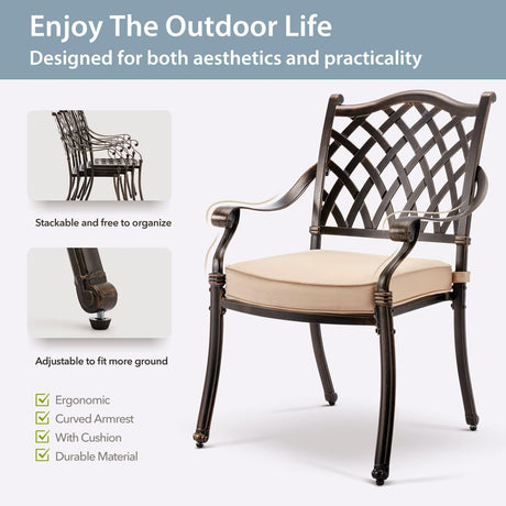 AIWOEN 7-Piece Cast Aluminum Patio Furniture, Patio Dining Set for 6 Include 59" Rectangular Outdoor Dining Table and 6 Stackable Chairs with Cushions & Umbrella Hole (Bronze) AIWOEN