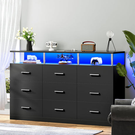 AOGLLATI Black Dresser for Bedroom with 9 Drawers, Dressers & Chests of Drawers with Column Design & Charging Station,Modern Bedroom Led Wide Long Dresser Storage Organizer for Living Room,Black AOGLLATI