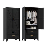 Washsemba 71'' Farmhouse Metal Wardrobe Cabinet with Hanging Rod, 2 Barn Door Wardrobe Closet with Adjustable Shelves,2 Drawer,for Dining Room,Bedroom,Living Room, Cloak Room,Office (Black) Washsemba