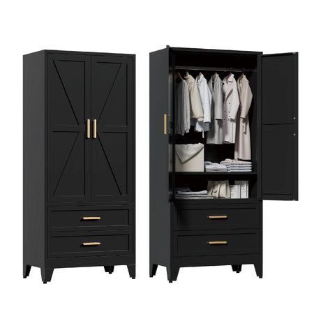 Washsemba 71'' Farmhouse Metal Wardrobe Cabinet with Hanging Rod, 2 Barn Door Wardrobe Closet with Adjustable Shelves,2 Drawer,for Dining Room,Bedroom,Living Room, Cloak Room,Office (Black) Washsemba