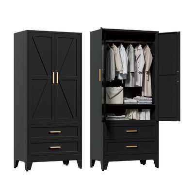 Washsemba 71'' Farmhouse Metal Wardrobe Cabinet with Hanging Rod, 2 Barn Door Wardrobe Closet with Adjustable Shelves,2 Drawer,for Dining Room,Bedroom,Living Room, Cloak Room,Office (Black)