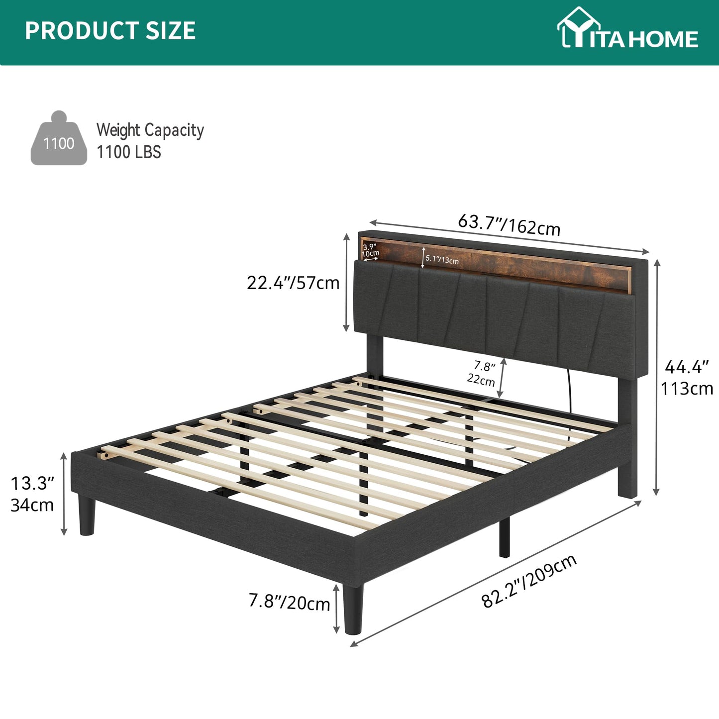 YITAHOME Grey Queen Size Bed Frame with LED Headboard Storage and Charging Station