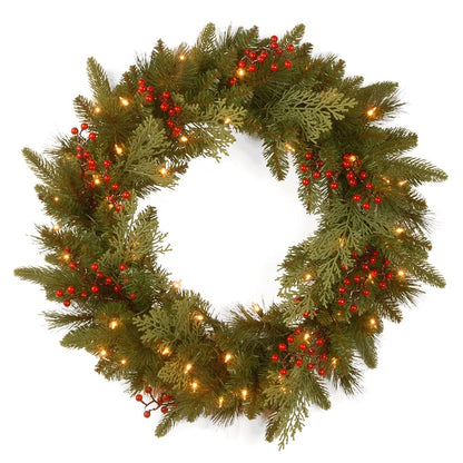 National Tree Company Pre-Lit 'Feel Real' Artificial Christmas Wreath, Green, Classical, White Lights, Decorated with Berry Clusters, Christmas Collection, 24 Inches