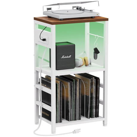 YAKANJ End Table with LED Light,Record Player Stand with Charging Station,Vinyl Records Storage,Turntable Stand Albums Storage for Music Room Studio-Industry White YAKANJ