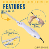 SERRATED CARVING ELECTRIC KNIFE SET By Chef PRO, With Wooden Storage Block, 2 Interchangeable Stainless-Steel Blades, Precise Cutting and Carving of Meats, Fruits, Breads, Comfortable Design, White Chef Pro