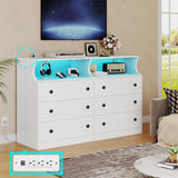 Hasuit 6 Drawer Dresser with LED Lights and Charging Station, Wide Chest of 6 Drawers with Open Space, Modern Large Capacity Storage Cabinet, White Dresser for Bedroom, Living Room, Hallway Hasuit