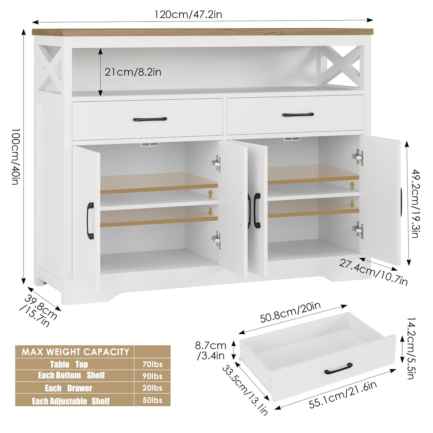 HOSTACK 47" Modern Farmhouse Sideboard Buffet Cabinet, Wood Buffet Storage Cabinet with Drawers & Shelves, Large Coffee Bar Cabinet with Storage, Microwave Stand for Kitchen, Dining Room, Whi - WoodArtSupply