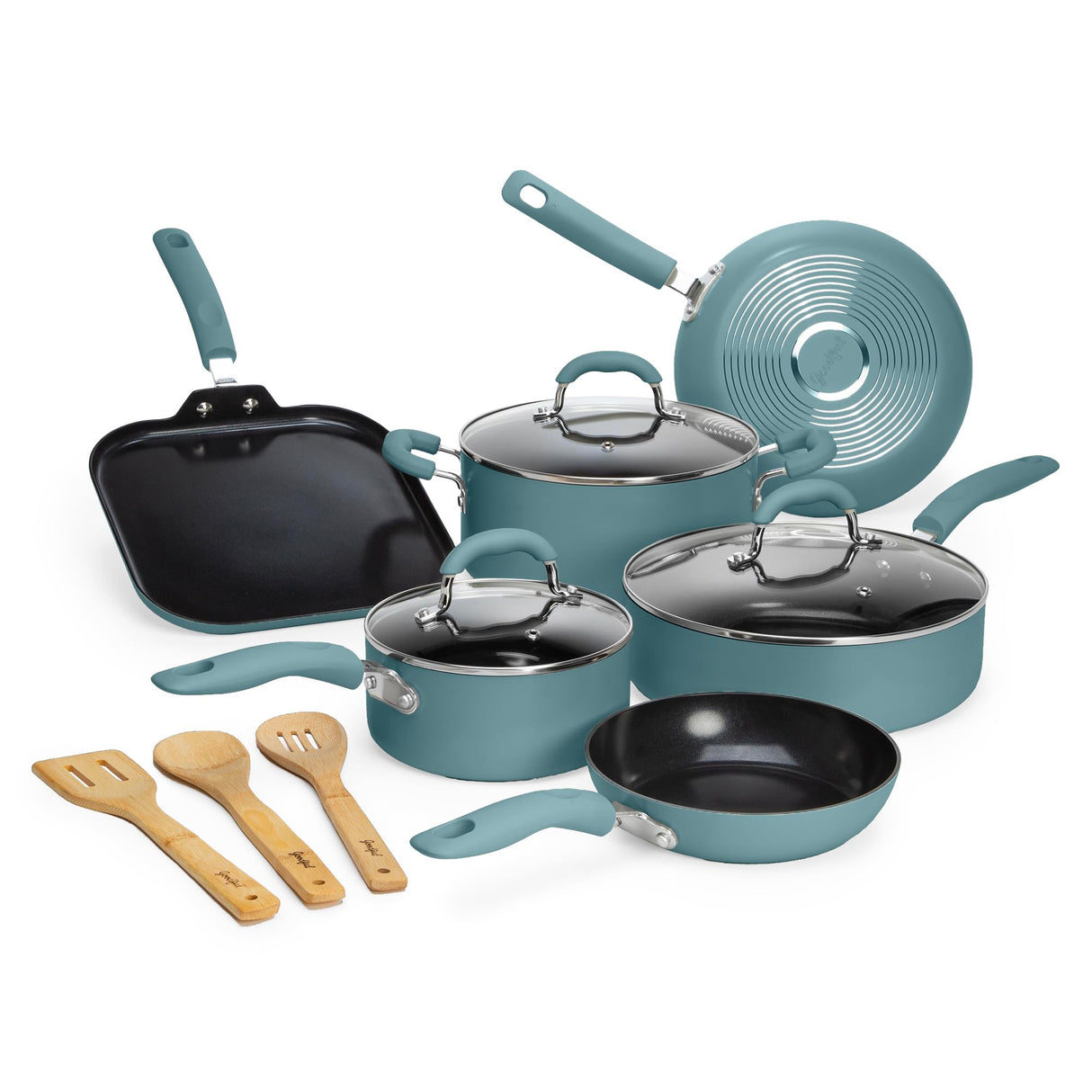 Goodful Ceramic Nonstick Pots and Pans Set, Premium Ceramic Coating Made without PFOA, PTFE or PFAS, Dishwasher Safe, 12-Piece, Turquoise Goodful