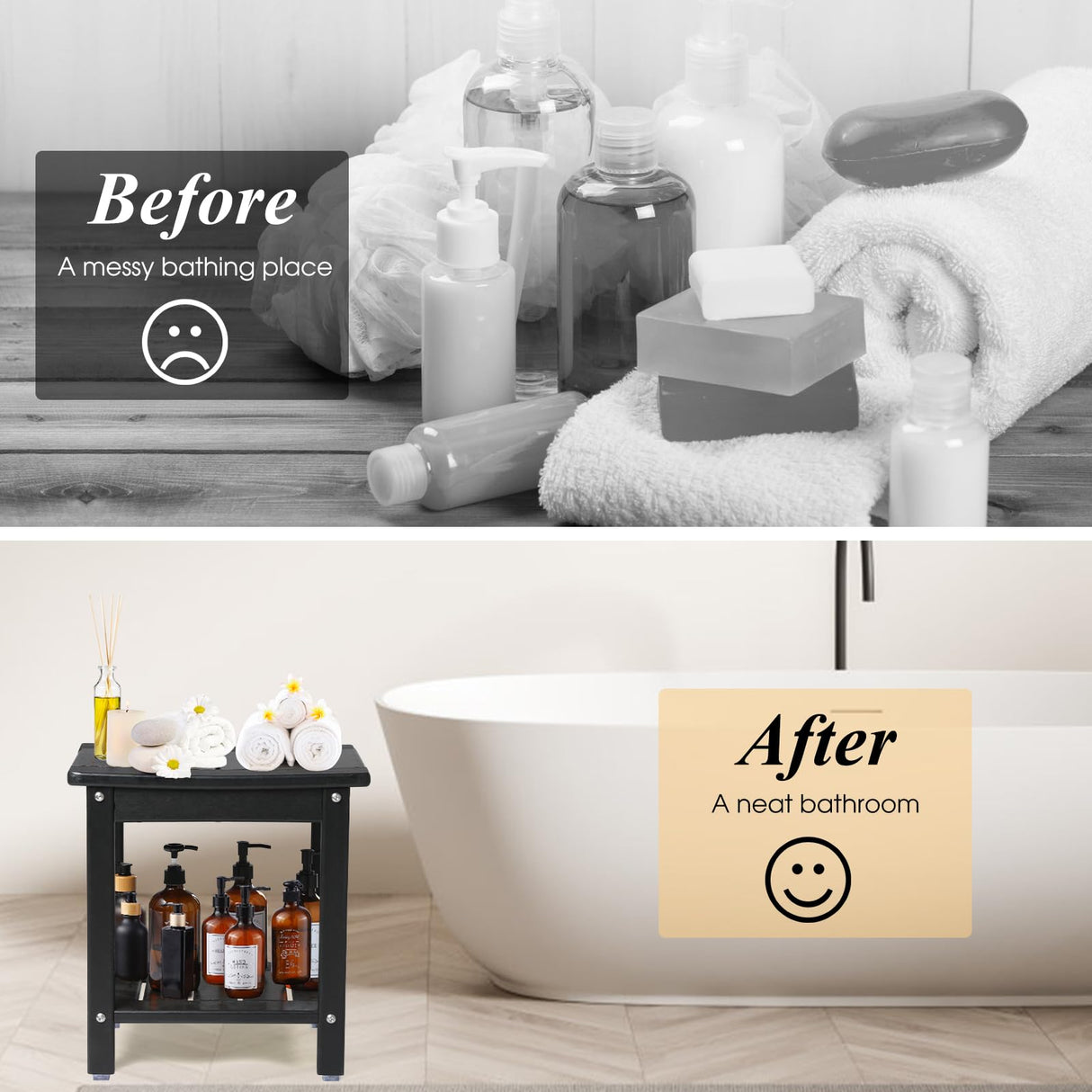 Apolimi Shower Chair,HDPE Shower Bench for Inside Shower to Sit On It, Shower Stool with Storage Shelf 2-Tier Spa Stool for Elderly,Water Resistant & Non-Slip Design Shower Seat Bench (Black S Size) Apolimi