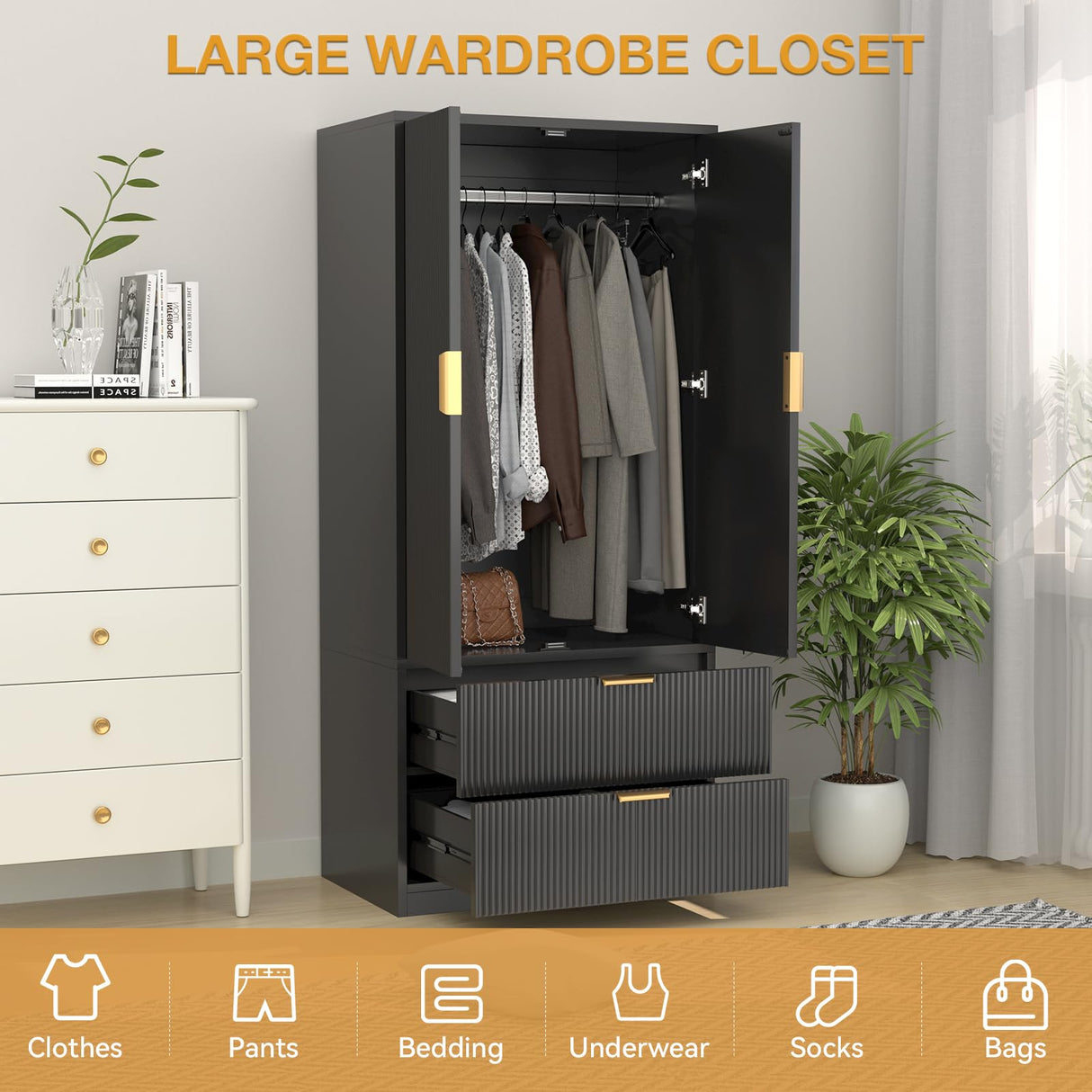 PPorfamilia 70" Wardrobe Closet with 2 Doors and 2 Drawers, Clothing Storage Cabinets with Hanging Rod, Modern Wooden Armoire Wardrobe Closet with Gold Handles for Bedroom Armoires Laundry PPorfamilia