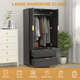 PPorfamilia 70" Wardrobe Closet with 2 Doors and 2 Drawers, Clothing Storage Cabinets with Hanging Rod, Modern Wooden Armoire Wardrobe Closet with Gold Handles for Bedroom Armoires Laundry PPorfamilia