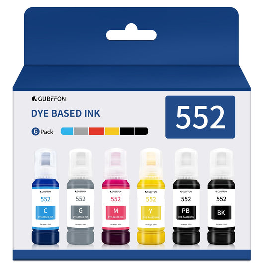 GUBFFON 552 Ink 600ml Refill Ink Bottle Replacement for Epson EcoTank ET-8550 ET-8500 Printer High Capacity 6-Pack (Not Sublimation Ink)