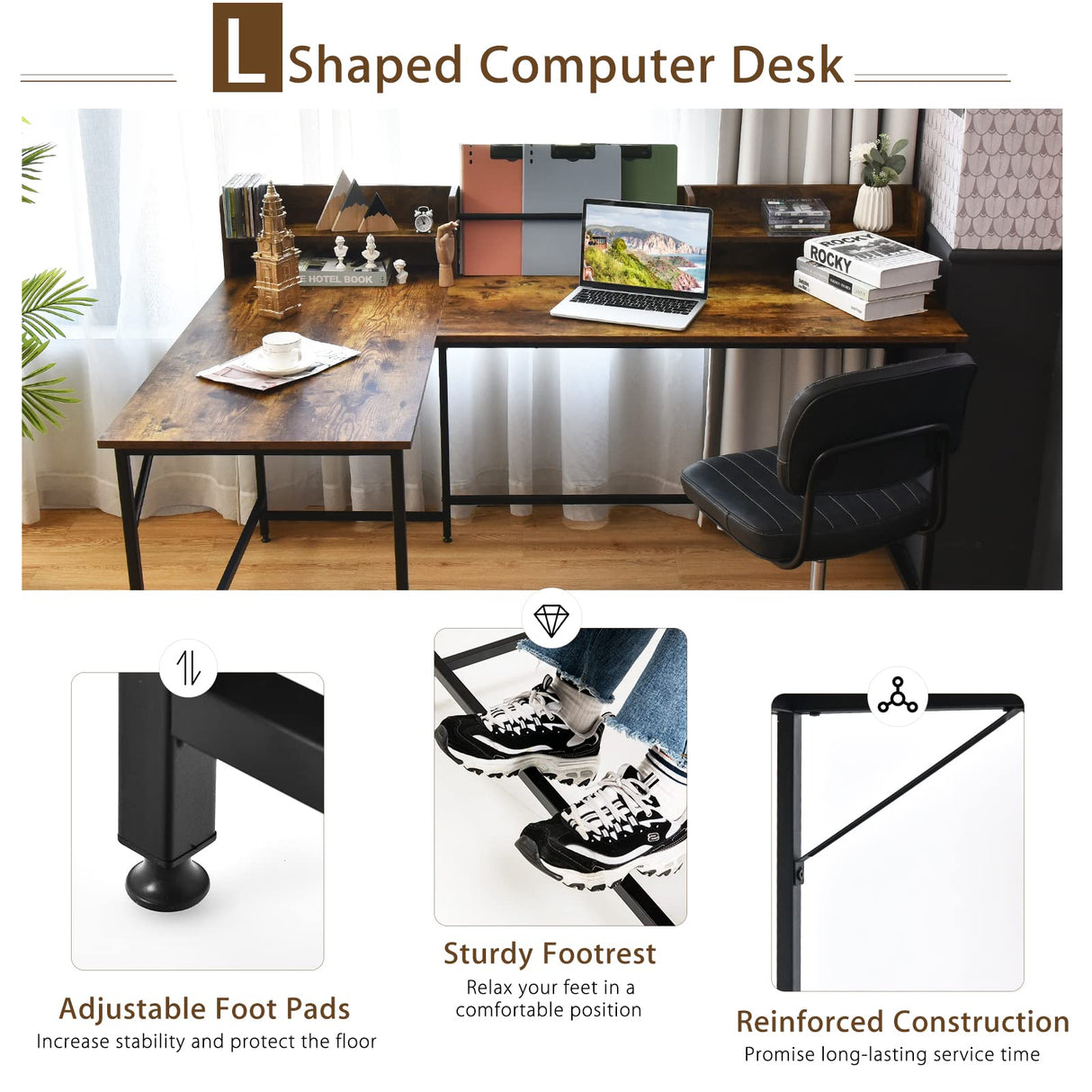 Tangkula 66.5 Inches L-Shaped Desk, Space Saving Corner Computer Desk with Hutch, Study Writing Desk with Storage Shelves Heavy Duty Steel Frame, Gaming Desk Computer Workstation for Home & Office Tangkula