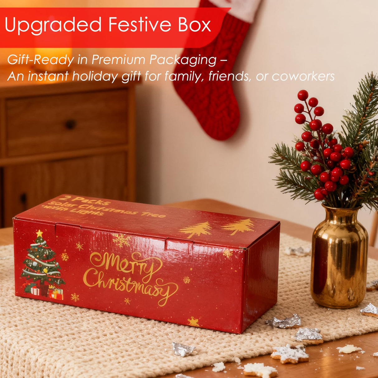 2-Pack 3.6FT Solar Christmas Tree Outdoor Christmas Decorations, 8 Modes Solar Xmas Tree Lights with 100 LED, Waterproof Solar Christmas Lights for Yard Front Porch Pathway Grave Cemetery Decor Ohwewant