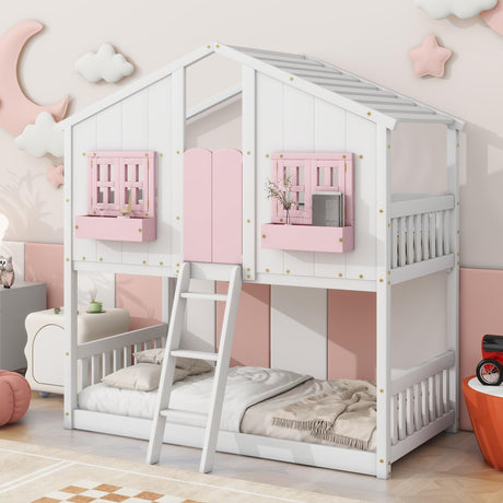 DNChuan Floor House Bunk Bed with Roof and Window,Built-in Storage Box,Wooden Guardrails with Door/Ladder,Low Bunker Bed Twin Over Twin for Kids Girls Boys,Pink/White DNChuan