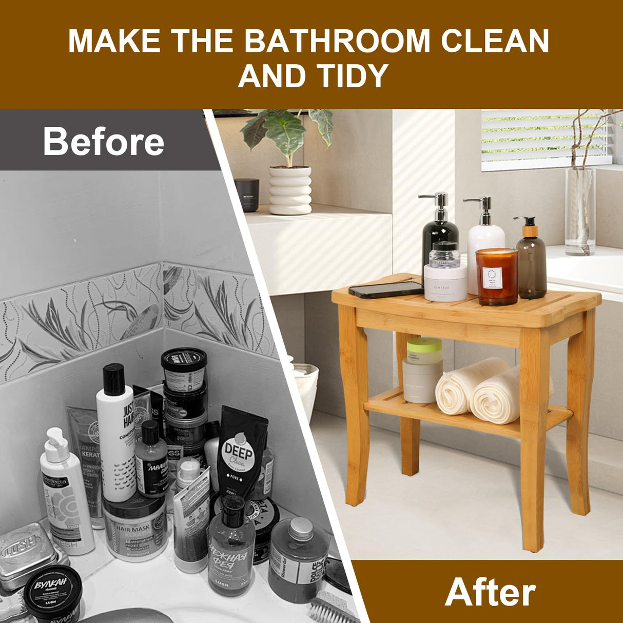 VVW Bamboo Shower Bench - Bathroom Bench Seat with Storage Shelf,19 Inch 2-Tier Wooden Spa Seat Bath Stool for Adults Women Elderly Seniors Wood Shower Chair for Bathtub or Small Spaces(Beige) VVW