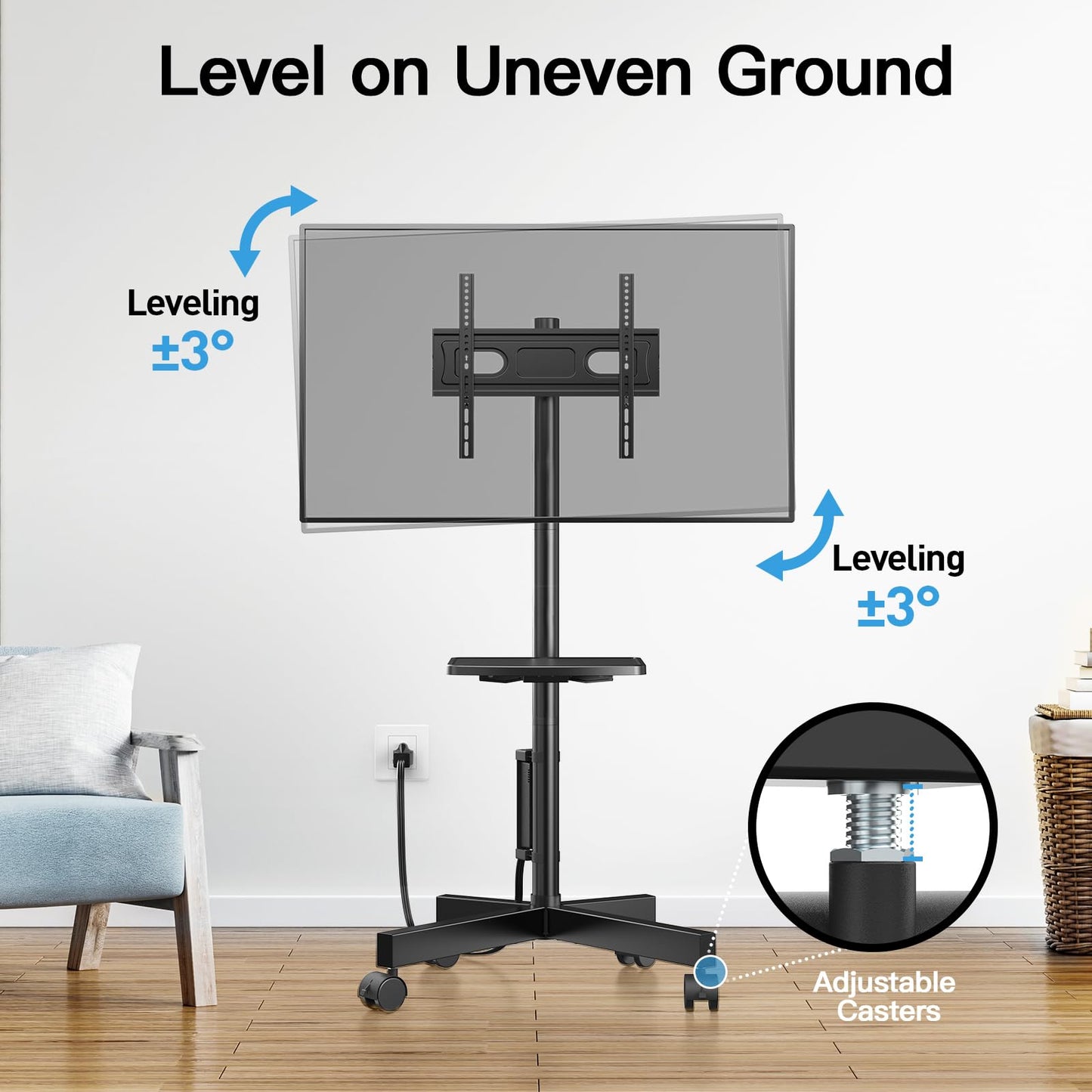 HUANUO Rolling TV Stand with Power Outlet, Mobile TV Cart for 23-60 Inch Flat/Curved LED/LCD/OLED TVs up to 88 lbs, TV Cart Height Adjustable Portable TV Stand on Wheels Max VESA 400x400mm HNTVMC02