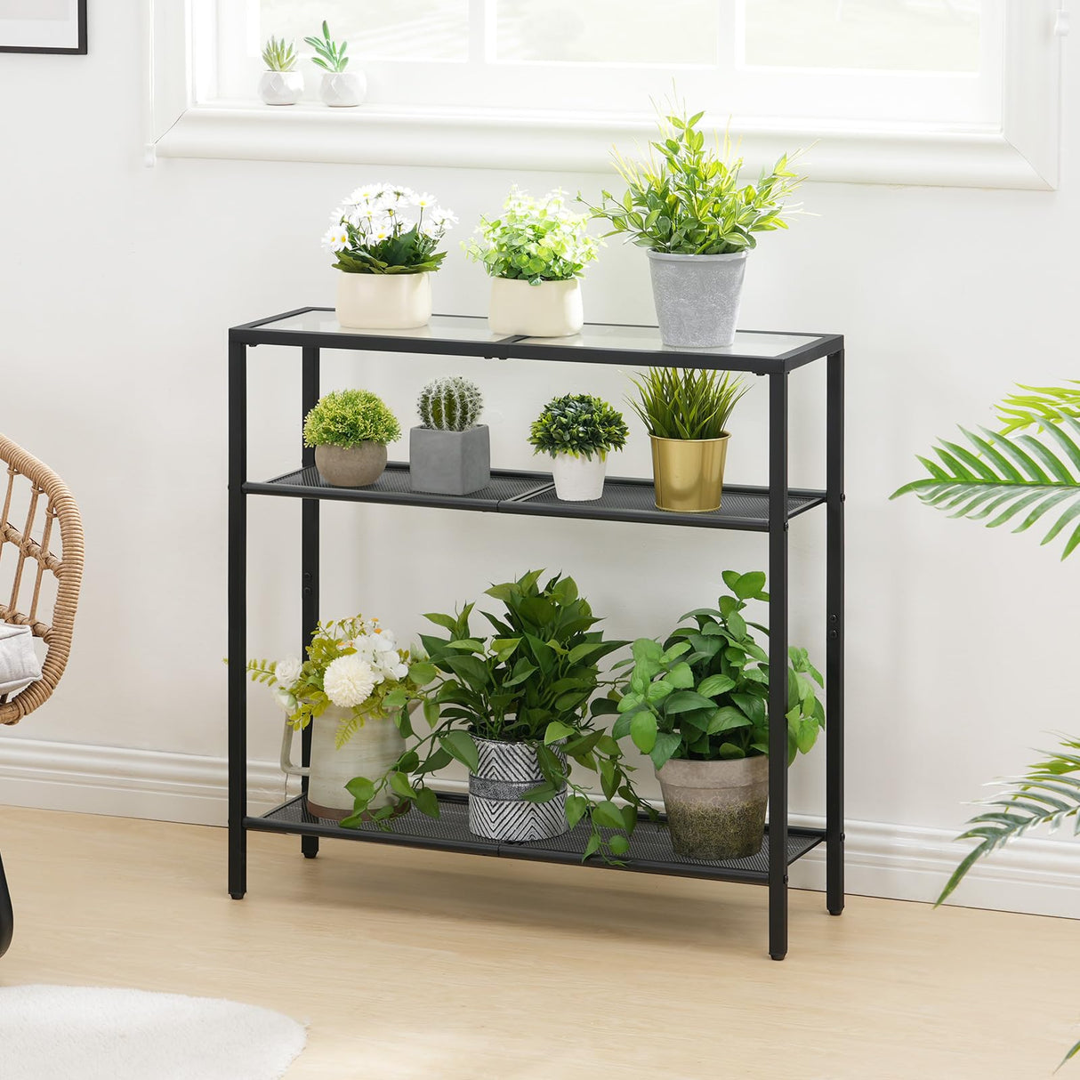 HOOBRO 29.5" Narrow Console Table, 3-Tier Tempered Glass Sofa Table, Small Side Table, Modern Entryway Table, for Entrance, Living Room, Foyer, Hallway Bedroom, Black BK21XG01G1 HOOBRO