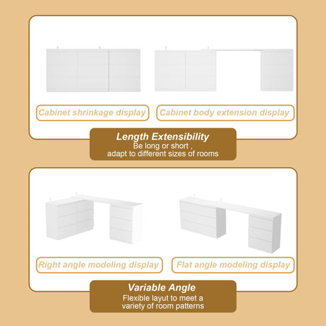 TAMUNE L-Shaped Dressing Table with 9 Drawers, Extendable Vanity Desk and Dresser Combo, Wood Vanity Dresser Makeup Desk, Wide Desktop, for Bedroom Dressing Room, White (70.9”W x 47.2”D x 31.7”H) TAMUNE