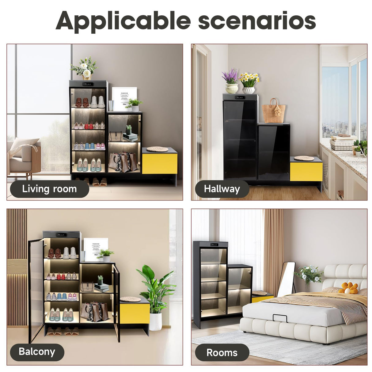 ylizeyu Shoe Rack with LED Air Purifier, Intelligent Closet with 6 Spaces, Glass Door with Reinforced Hinges, Grey ylizeyu