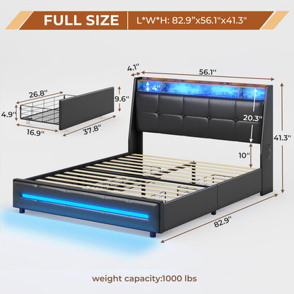 MSmask Full Black Platform Bed with Smart LED Lights, USB Ports, Storage Drawers & Wingback Headboard - WoodArtSupply