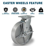 CWfutureparts 8" x 2" Caster Wheels, Heavy Duty Industrial Casters, Brake Caster Wheels with Roller Bearing - Semi Steel Cast Iron Wheels - 5200 Lbs Capacity Per Set of 4 CWfutureparts