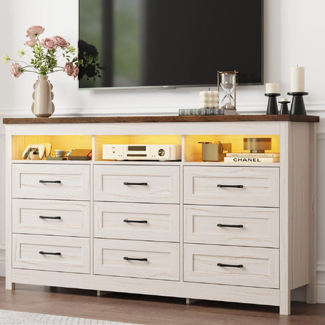 Hlivelood Farmhouse 9 Drawer Dresser with LED Lights, 63" Wide Large Chest of Drawers for Bedroom, Modern Wood Dresser Storage Organizer with Charging Station for Living Room, Bedroom, Hallway, Beige Hlivelood