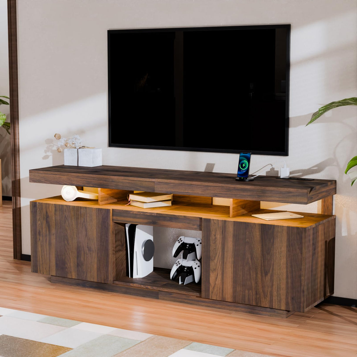 HOMMPA LED TV Stand with Power Outlets for up to 70" TV Modern Entertainment Center with Storage, Gaming TV Consoles with LED Lights Game Cabinet for Living Room Walnut HOMMPA