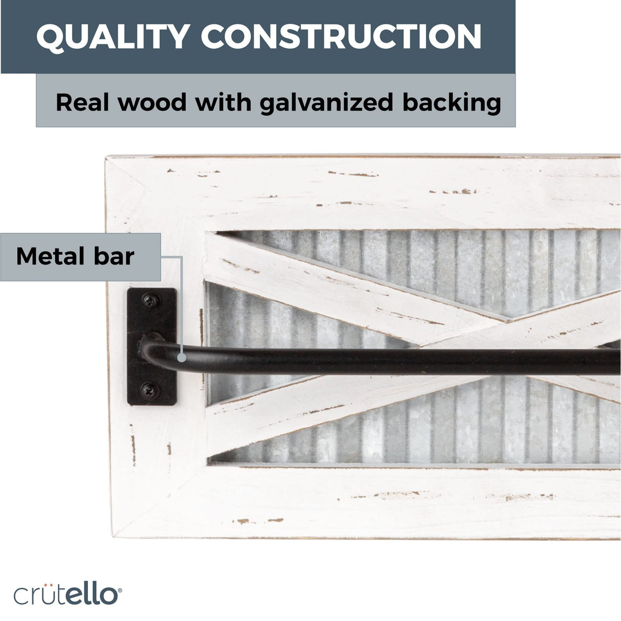 Crutello Rustic Towel Bar with Galvanized Backing for Bathrooms, 24x6 Inches - Wall Mounted Towel Rack White Wood & Black Metal Bar, Farmhouse Decor Crutello