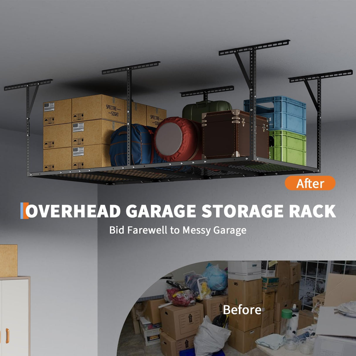 EliteEdge 3x8 Garage Overhead Storage Racks with Stable Triangle Support, Heavy-Duty Steel Ceiling Mount Racks for Garage Storage, Adjustable Height, 600lbs Capacity, Black EliteEdge