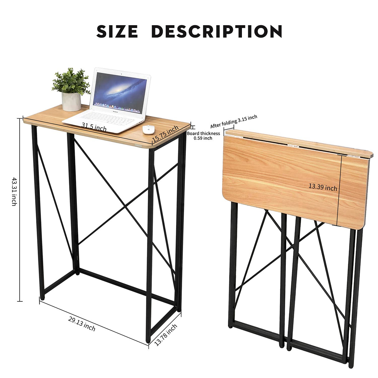 Folding Laptop Computer Desk, Standing Desk, 31in Small Desk for Sitting or Standing, No Need to Assembly, Suitable for Home, Office, Writing (Wood Board Color) Ytaoka