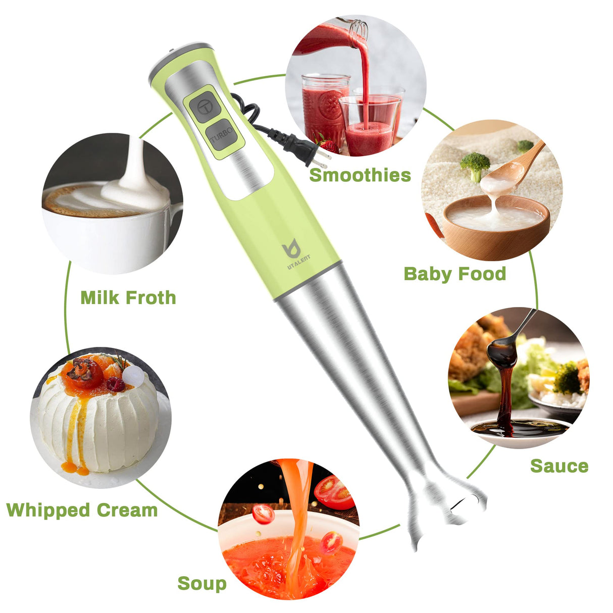 Immersion Hand Blender, UTALENT 5-in-1 8-Speed Stick Blender with 500ml Food Grinder, BPA-Free, 600ml Container,Milk Frother,Egg Whisk,Puree Infant Food, Smoothies, Sauces and Soups - Green UTALENT