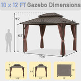Yardsight 10'x12' Hardtop Gazebo, Outdoor Aluminum Frame Galvanized Steel Double Roof Pavilion with Netting and Shaded Curtains, Permanent Metal Pergolas for Patio, Backyard, Deck and Lawns. Yardsight