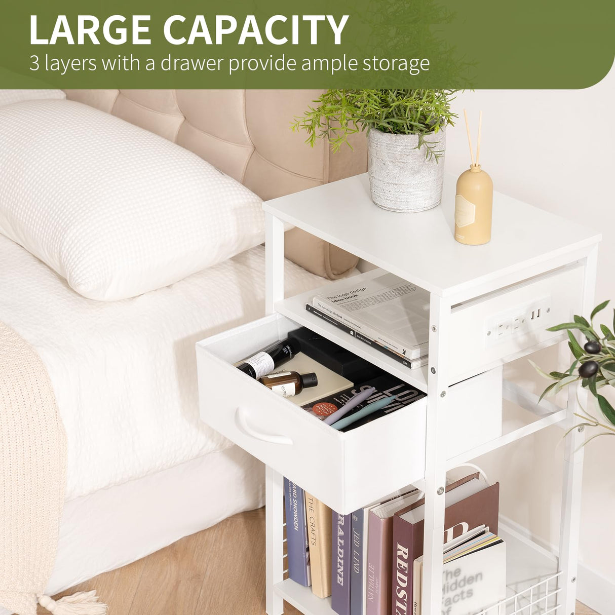 Yoobure Side Table - Night Stand with Charger Station & LED Light, 3 Tier Small End Table Living Room, Bedside Table with Drawer, Record Player Stand with Vinyl Storage, White Nightstand for Bedroom Yoobure