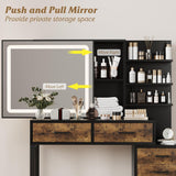 Makeup Vanity Desk with Sliding Mirror and Lights, Large Dressing Table with Charging Station, 3 Lighting Modes, 5 Large Drawers and 3 Tiers of Open Shelves for Bedroom, Dark Brown GarveeHome