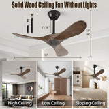 QWO 36" Outdoor Ceiling Fan No Light,Solid Wood Small Bedroom Ceiling Fans Without Lights, Outdoor Ceiling Fans For Patios, Porch and Living room,High Cfm DC 3 Blade Modern Ceiling Fan With Remote QWO