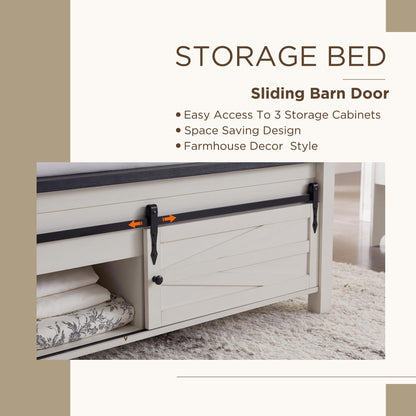 JXQTLINGMU King Farmhouse Wood Bed Frame with Sliding Barn Door Storage Cabinets, Solid Wood Slats Support, Noiseless, No Box Spring Needed, Antique White