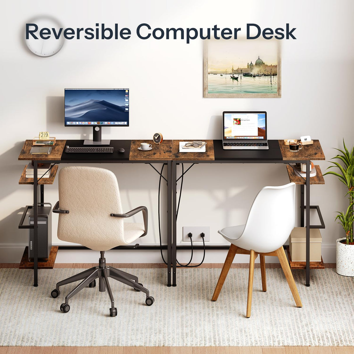 HOOBRO Computer Desk, Home Office Desk with Power Outlet, Writing Desk with 2 Shelves, Modern Small Desk for Home Office, Study, Easy to Assemble, Rustic Brown and Black BF43UDN01 HOOBRO