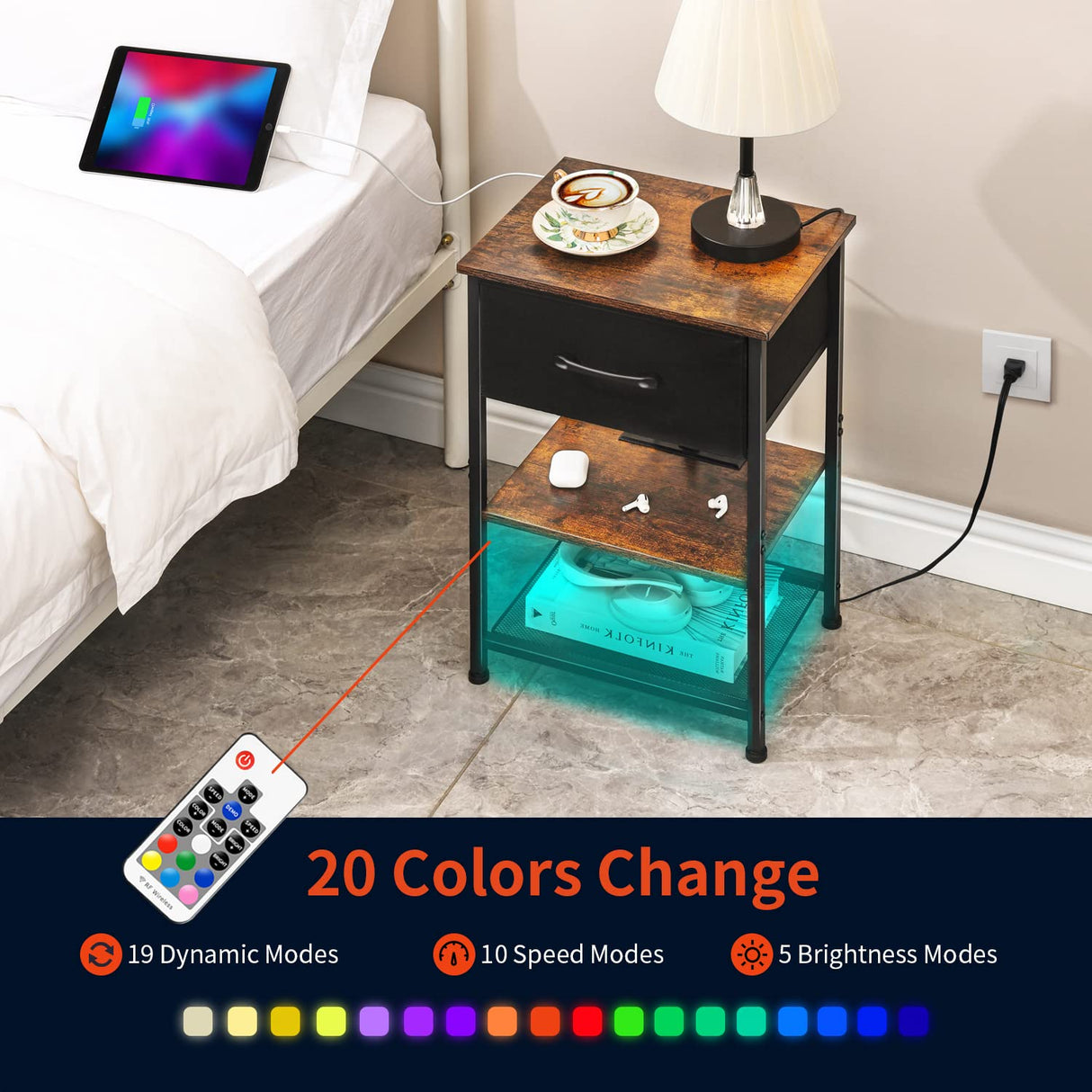 LAKEMID Nightstands Set of 2 with Charging Station and Drawer, End Table Side Table with 20 Colors LED Light Strip and 2 Layers Shelf for Bedroom Living Room Sofa (Rustic Brown) LAKEMID