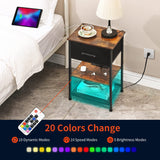 LAKEMID Nightstands Set of 2 with Charging Station and Drawer, End Table Side Table with 20 Colors LED Light Strip and 2 Layers Shelf for Bedroom Living Room Sofa (Rustic Brown) LAKEMID