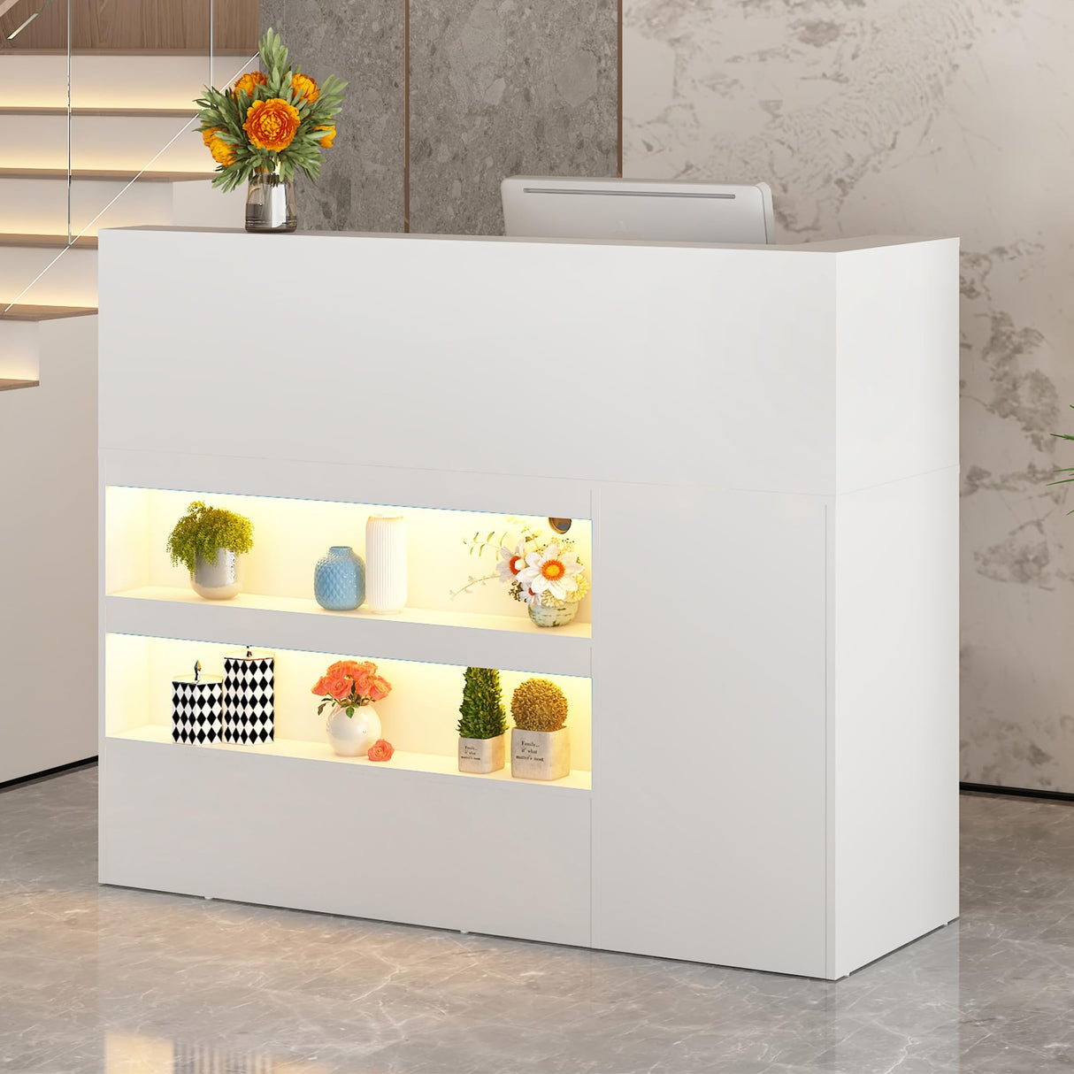 55" Reception Desk with LED Lights Power Outlets,L-Shaped Modern Front Desk Reception Room Table with Cable Grommet,Lockable Drawers,Retail Checkout Counter for Lobby,Salon,Home Office Desk,White Hlivelood