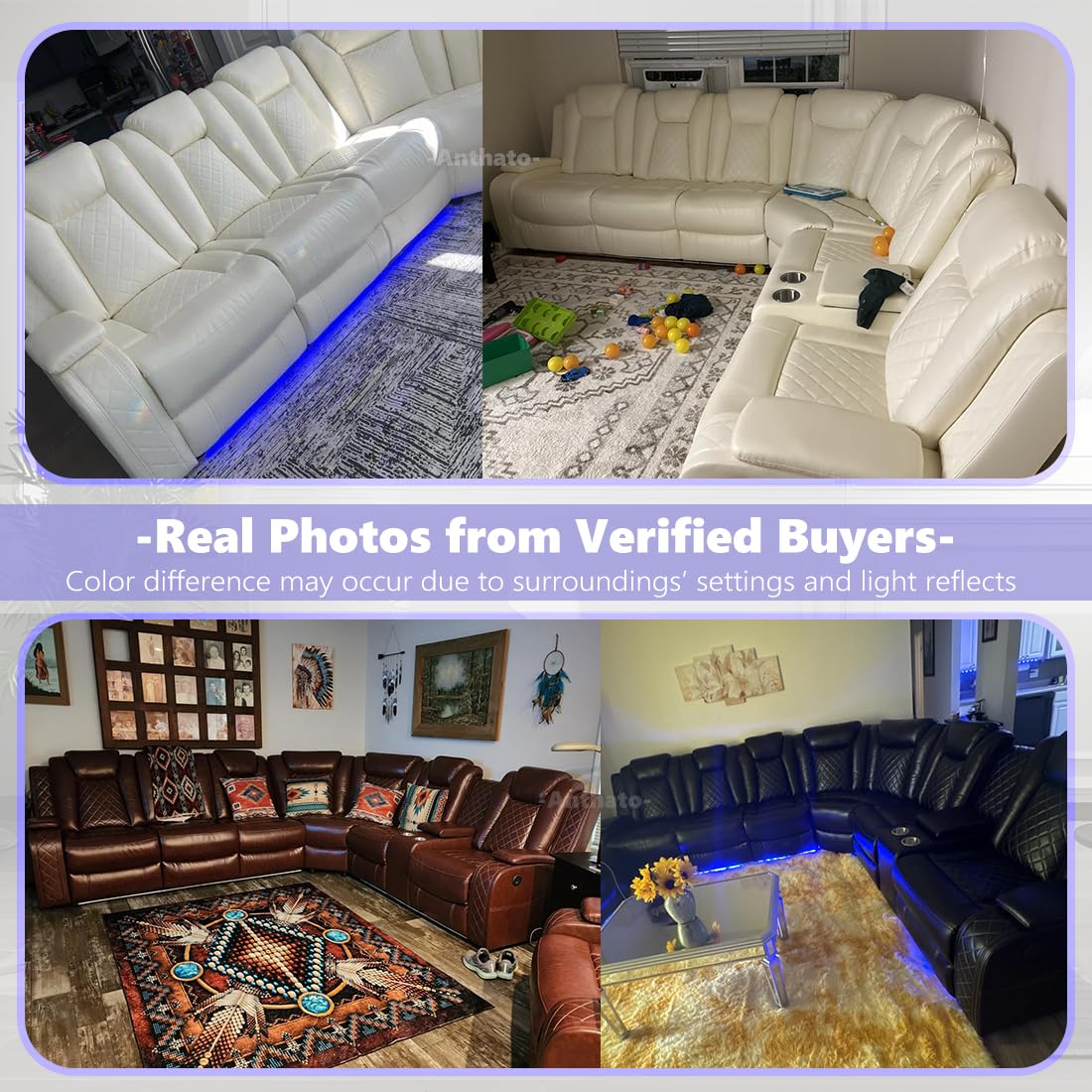 Anthato Power Recliner Sectional Sofa Set with LED, Modern L-Shaped Reclining Sofa, Leather Reclining Corner Couch with Cup Holders/Storage/USB Charging Ports for Living Room/Home Theater, Cream White Anthato