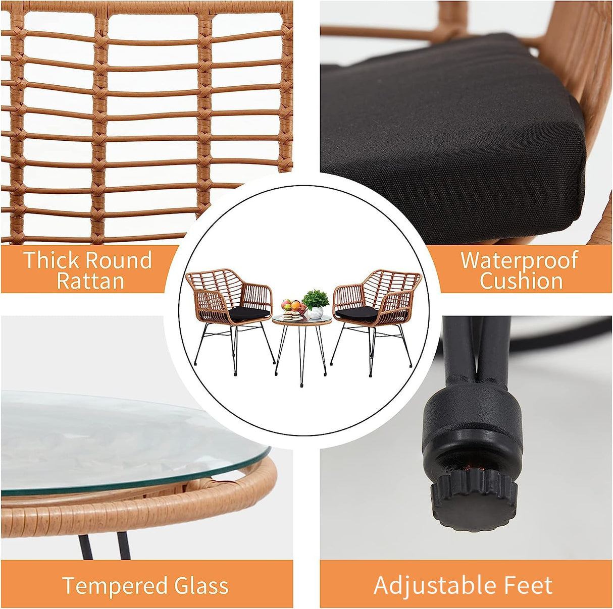 KROFEM 3 Pieces Wicker Patio Bistro Furniture Set, includes 2 Chairs and Glass Top Table, Ideal for Porch, Outdoor, Backyard, Apartment, Balcony Natural Color KROFEM