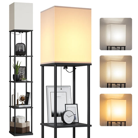 SUNMORY 5 Tier Floor Lamp with Shelves, Modern Square Standing Lamp with 3 Color Temperature Bulb, Corner Display Bookshelf Lamp for Living Room and Bedroom, Tall Shelf Floor Lamp SUNMORY